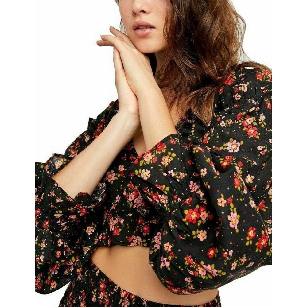 Free People Secret Garden Top L Women's Floral Long balloon Sleeve  NEW summer